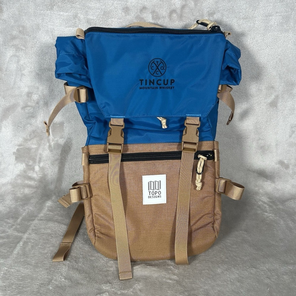 New Topo Designs Rover Pack Backpack Blue Tan Roll Top Laptop Hiking Travel Bag